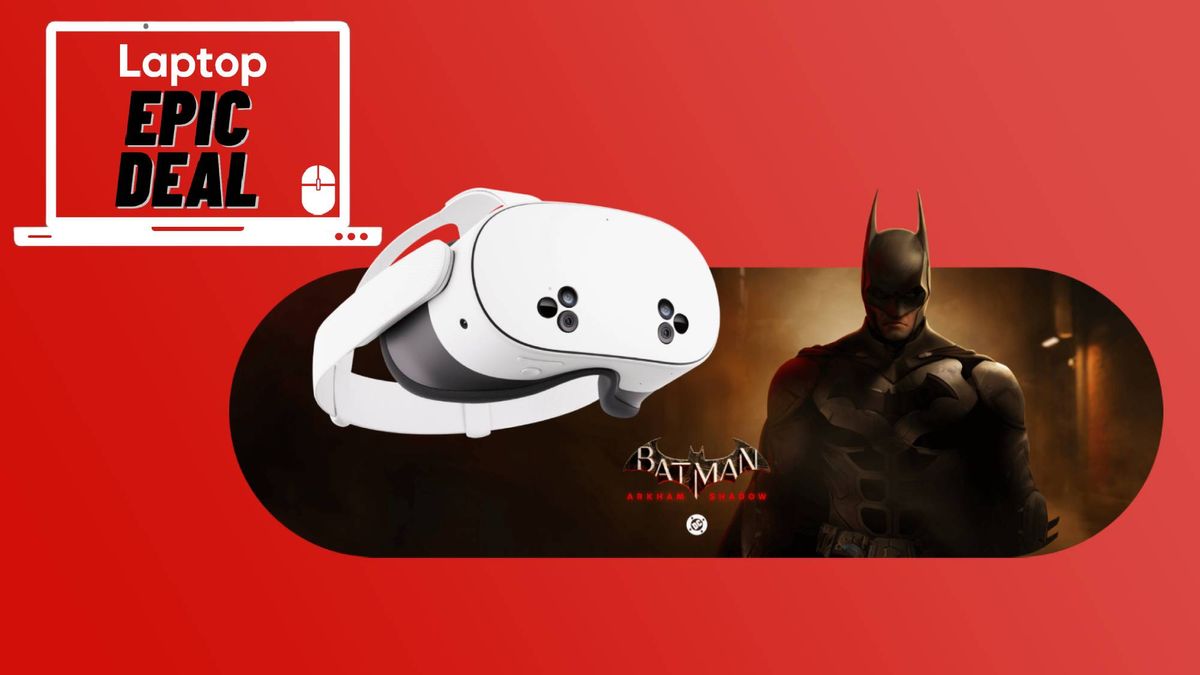 Meta Quest 3S Batman Arkham Shadow bundle against red gradient background