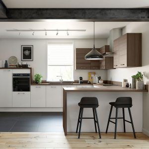 kitchen with hanging light cabinet and wooden flooring