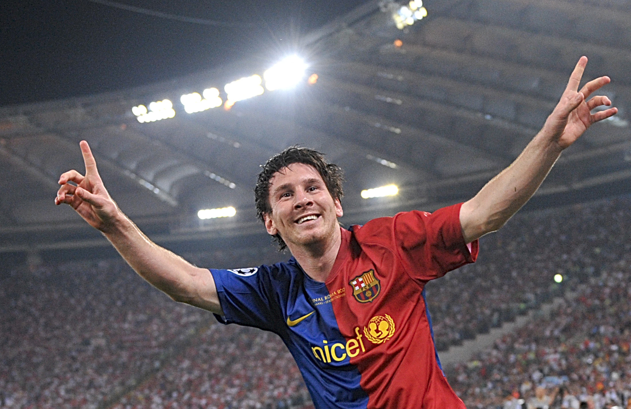 Lionel Messi celebrates after scoring a header for Barcelona against Manchester United in the 2009 Champions League final in Rome.