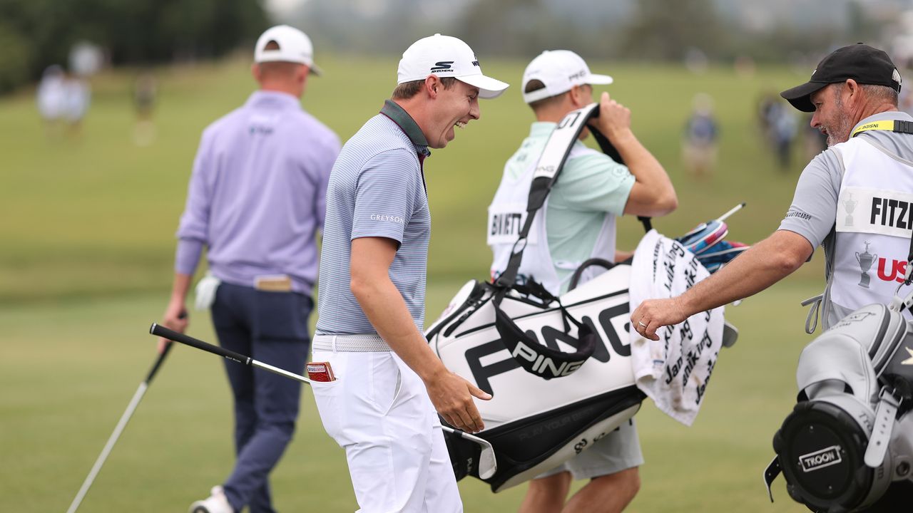 Matt Fitzpatrick of England reacts to his shot from the 15th tee resulting in a hole in one during the second round of the 123rd U.S. Open Championship at The Los Angeles Country Club