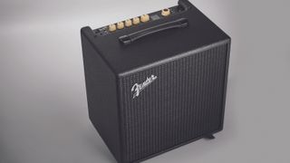 A Fender Rumble LT25 modeling bass amp on a grey background