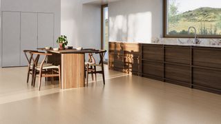 Large kicthen with recycled cork flooring celebrating the kitchen trend 2023 for sustainability