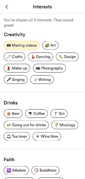 Bumble BFF profile options