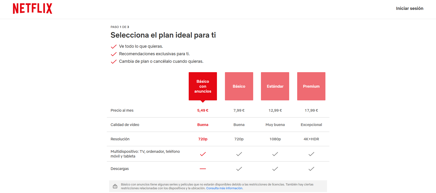 Captura de pantalla de la página de registro de Netflix donde sí que aparece el plan básico sin anuncios