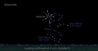 This NASA sky map shows the location of the Draconid meteor shower radiant in the northwestern night sky at 2 a.m. your local time on Oct. 9, 2015 during the shower's peak, which occurs overnight on Oct. 8 and 9.