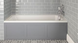 built in bath with grey painted paneling