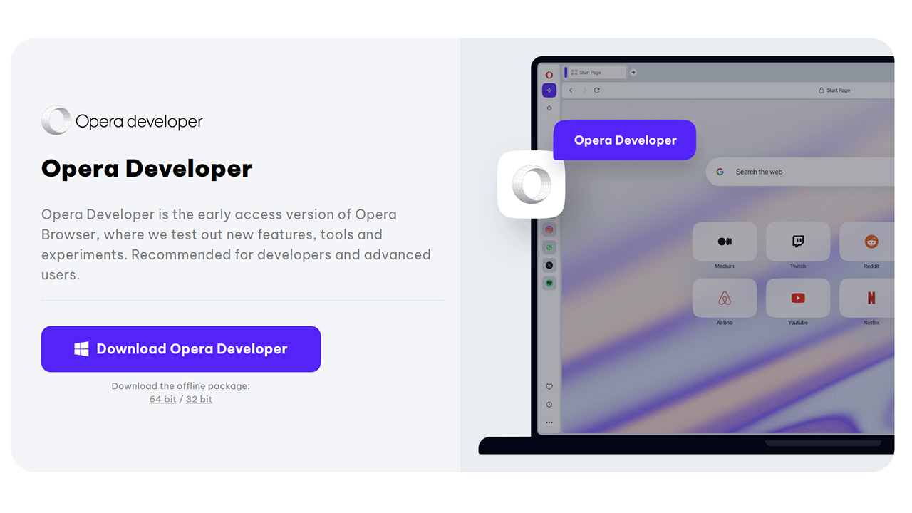 Página de descarga para desarrolladores del navegador Opera