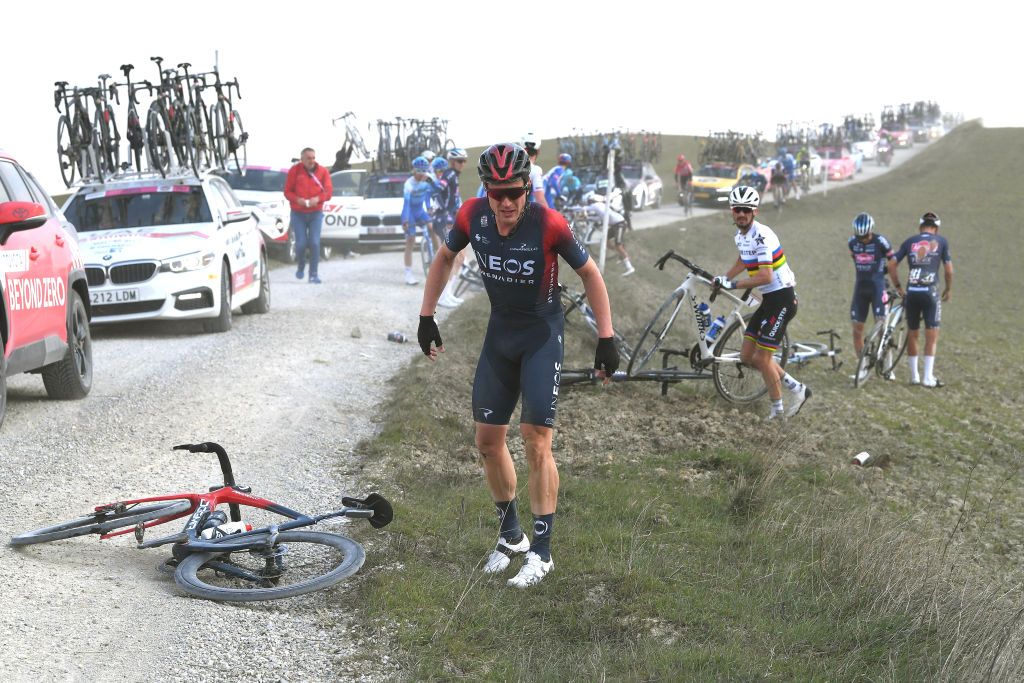 SIENA ITALY MARCH 05 Salvatore Puccio of Italy and Team INEOS Grenadiers injured after being involved in a crash during the Eroica 16th Strade Bianche 2022 Mens Elite a 184km one day race from Siena to Siena Piazza del Campo 321m StradeBianche WorldTour on March 05 2022 in Siena Italy Photo by Tim de WaeleGetty Images