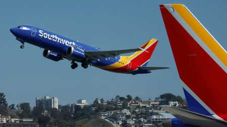 A Southwest plane takes off at San Francisco International Airport on March 4, 2025.