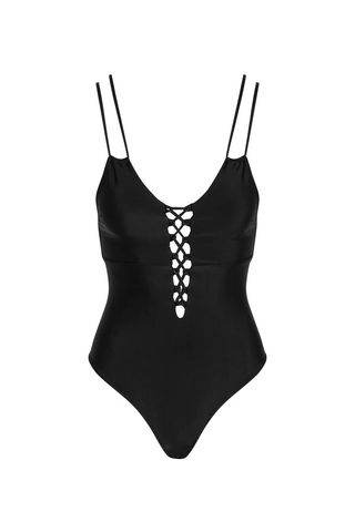 black one piece, deep-V swimsuit