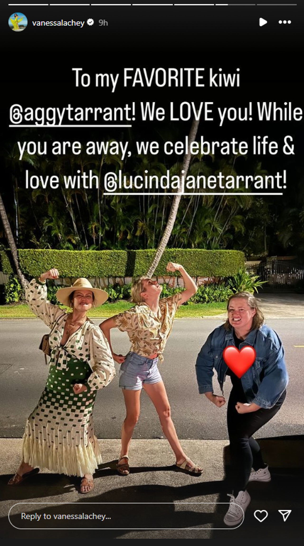 The NCIS: Hawai’i cast making funny faces, Vanessa Lacey captioned it "To my favorite kiwi @aggytarrant! We LOVE you! While you were away, we celebrate life & love with @lucinajanettarrant!