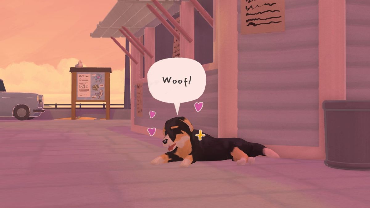 A brown, white, and black dog laying on the ground outside in Tiny Bookshop. He's got a speech bubble with "Woof!" over his head and is surrounded by hearts and stars to indicate he's happy.