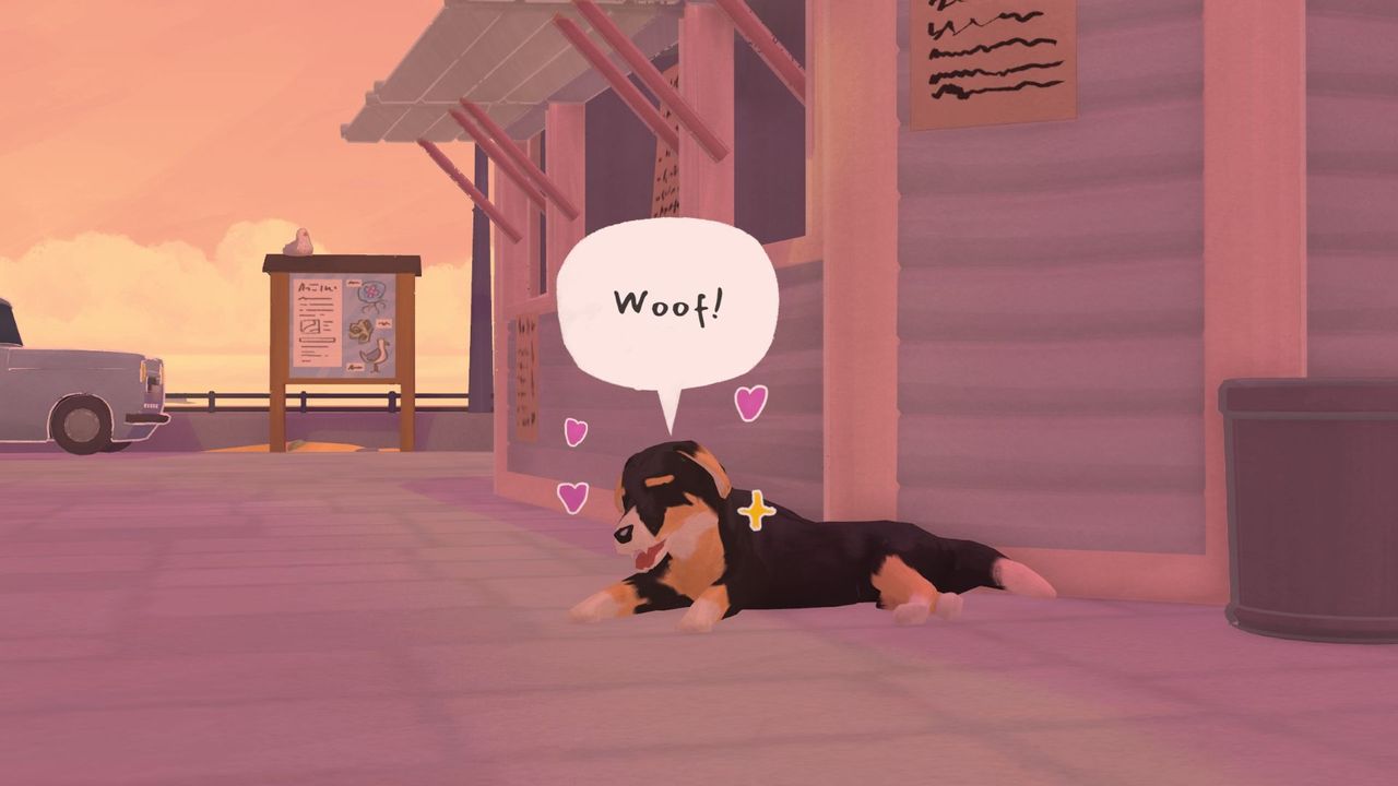 A brown, white, and black dog laying on the ground outside in Tiny Bookshop. He's got a speech bubble with "Woof!" over his head and is surrounded by hearts and stars to indicate he's happy.
