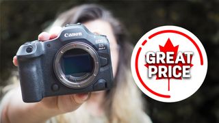 Photographer holding up a Canon EOS R5 Mark II, next to the text "Great price"