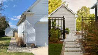 Before (L) and after (R) of a backyard walkway in a home in Ontario