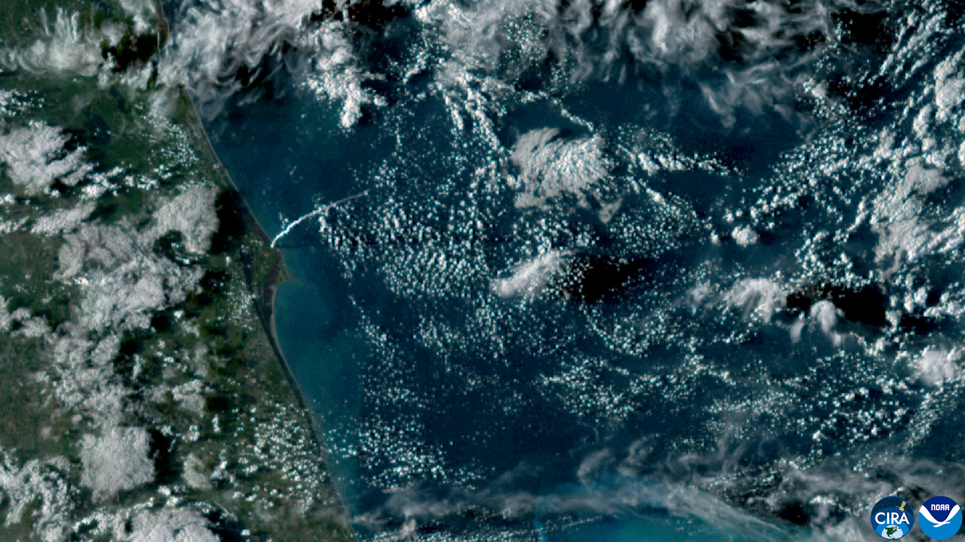 satellite aerial view of the Florida coast and a long white plume stretching along the atmosphere showing Artemis 2 launch.