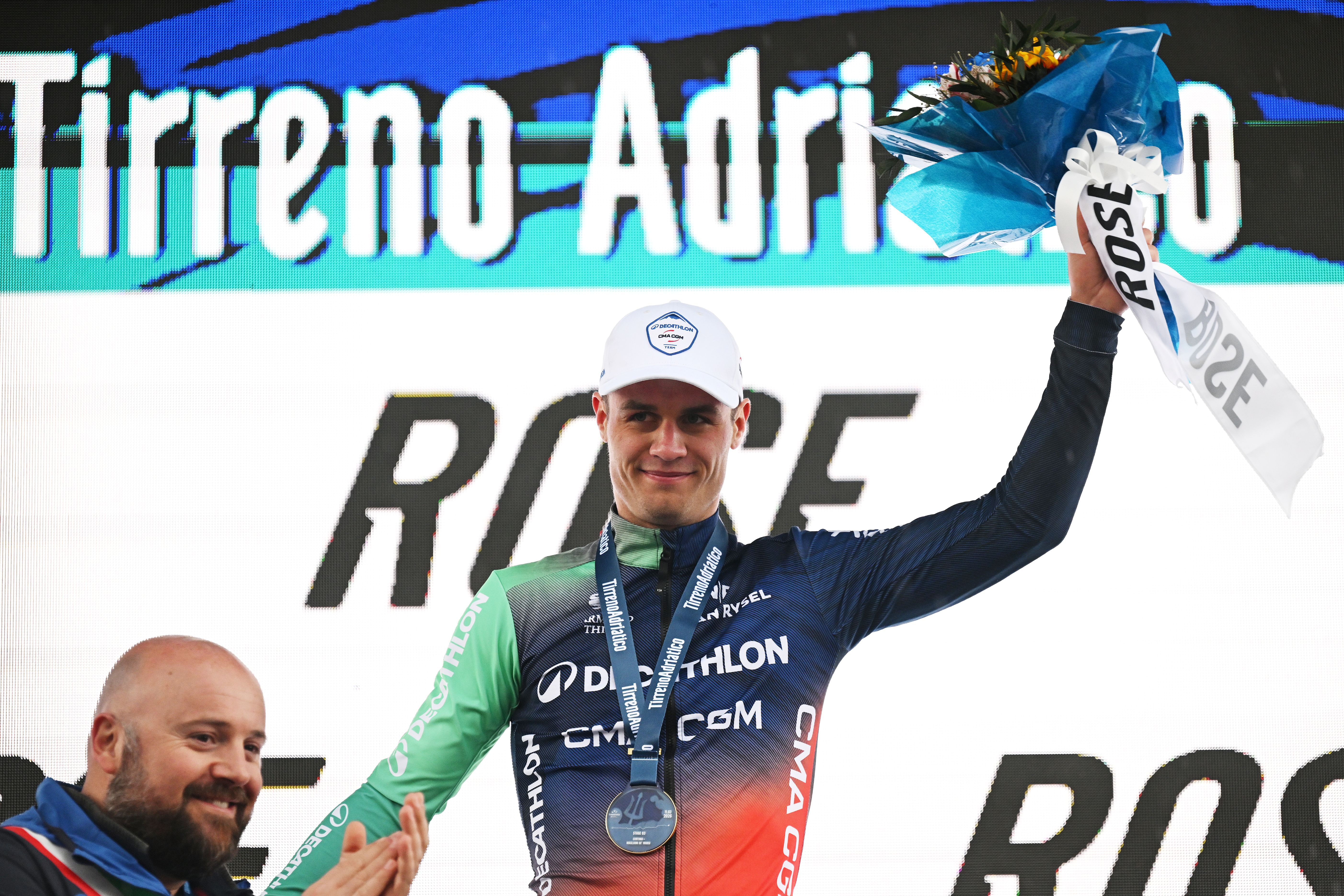 Tobias Lund Andresen on the podium after stage 3 of Tirreno-Adriatico 2026