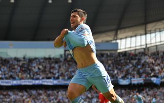 Argentine striker Sergio Aguero playing for Manchester City, taking his shirt off to celebrate after scoring the winning goal against Queens Park Rangers on the final day of the 2011-12 Premier League season