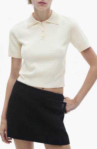 Rhinestone Collar Knit Polo Shirt