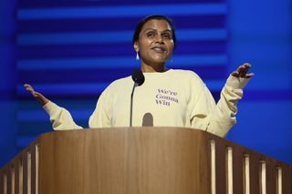 Actress Mindy Kaling takes part in stage testing ahead of the start of the third day of the Democratic National Convention (DNC) at the United Center on August 21, 2024 in Chicago, Illinois.