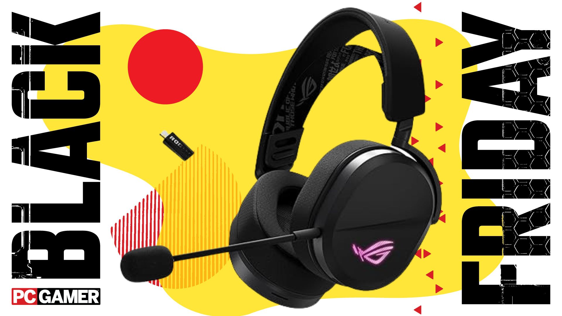 An Asus ROG Pelta gaming headset on a yellow background with &quot;Black Friday&quot; written on the side. 