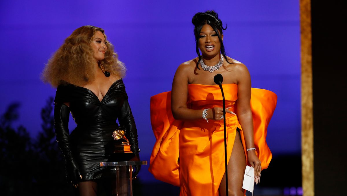 Beyoncé and Megan Thee Stallion win the award for Best Rap Song at the 63rd Annual Grammy Awards, broadcast live from the Staples Center in Los Angeles, Sunday, March 14, 2021 on the CBS Television Network and Paramount Plus.