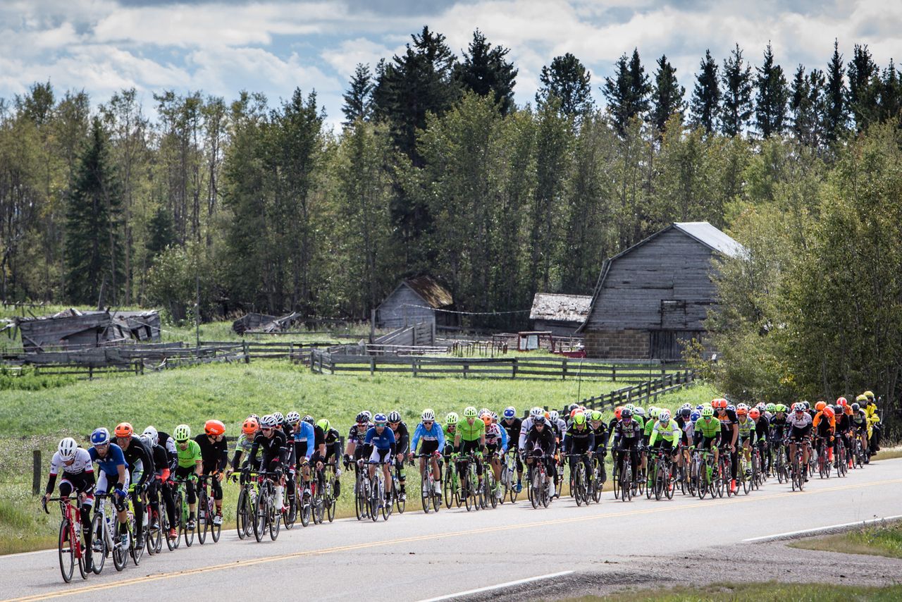 The peloton rides past an old barn along the course during stage 3 at the Tour of Alberta