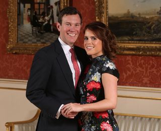 Princess Eugenie and Jack Brooksbank in the Picture Gallery at Buckingham Palace after they announced their engagement