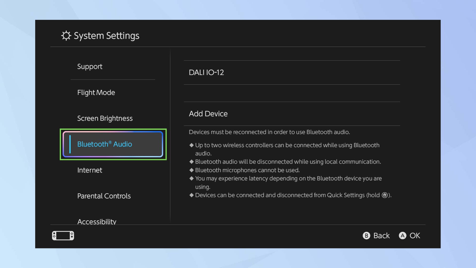Switch 2 settings menu with the Bluetooth audio settings selected