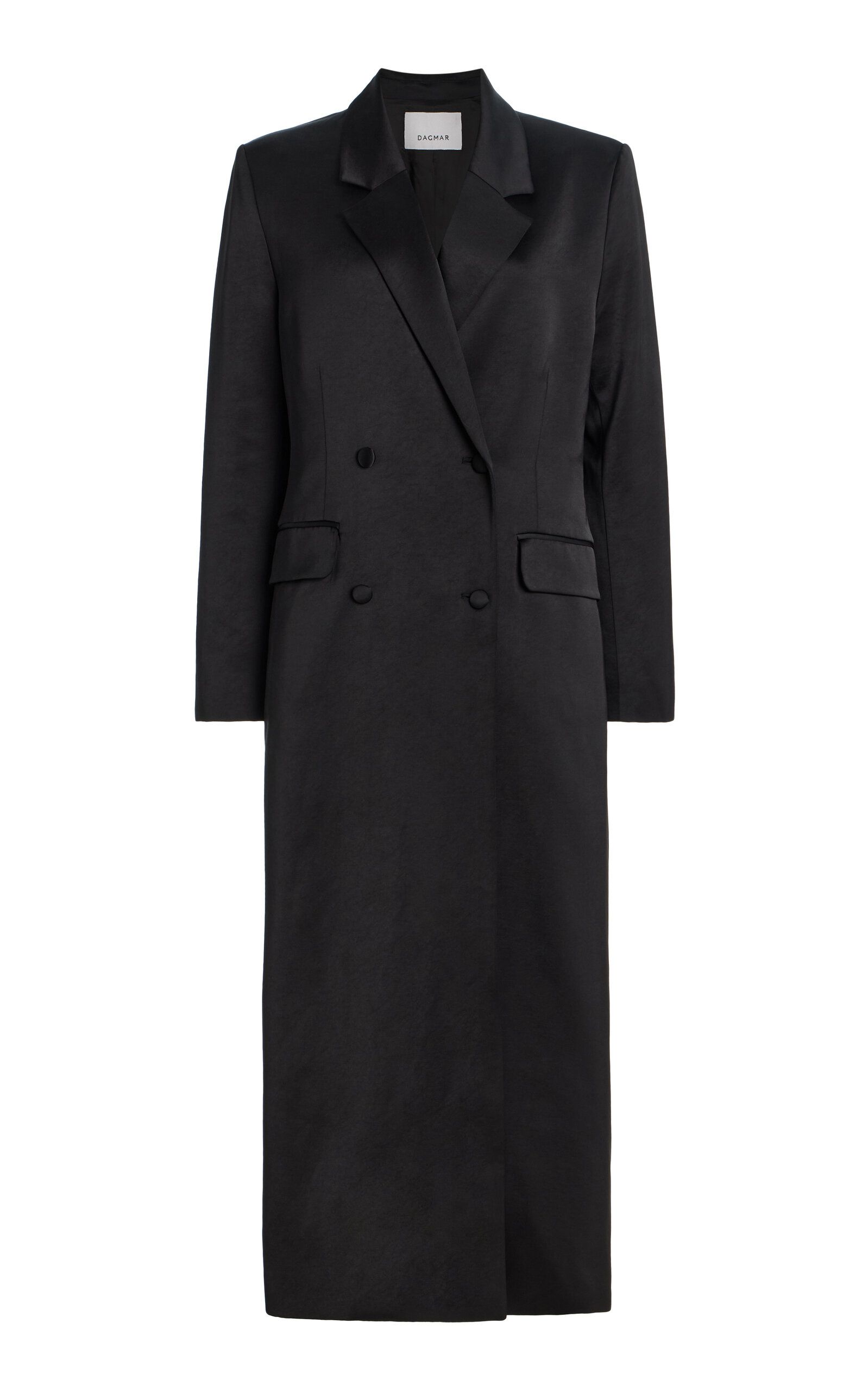 Double-Breasted Long Satin Blazer