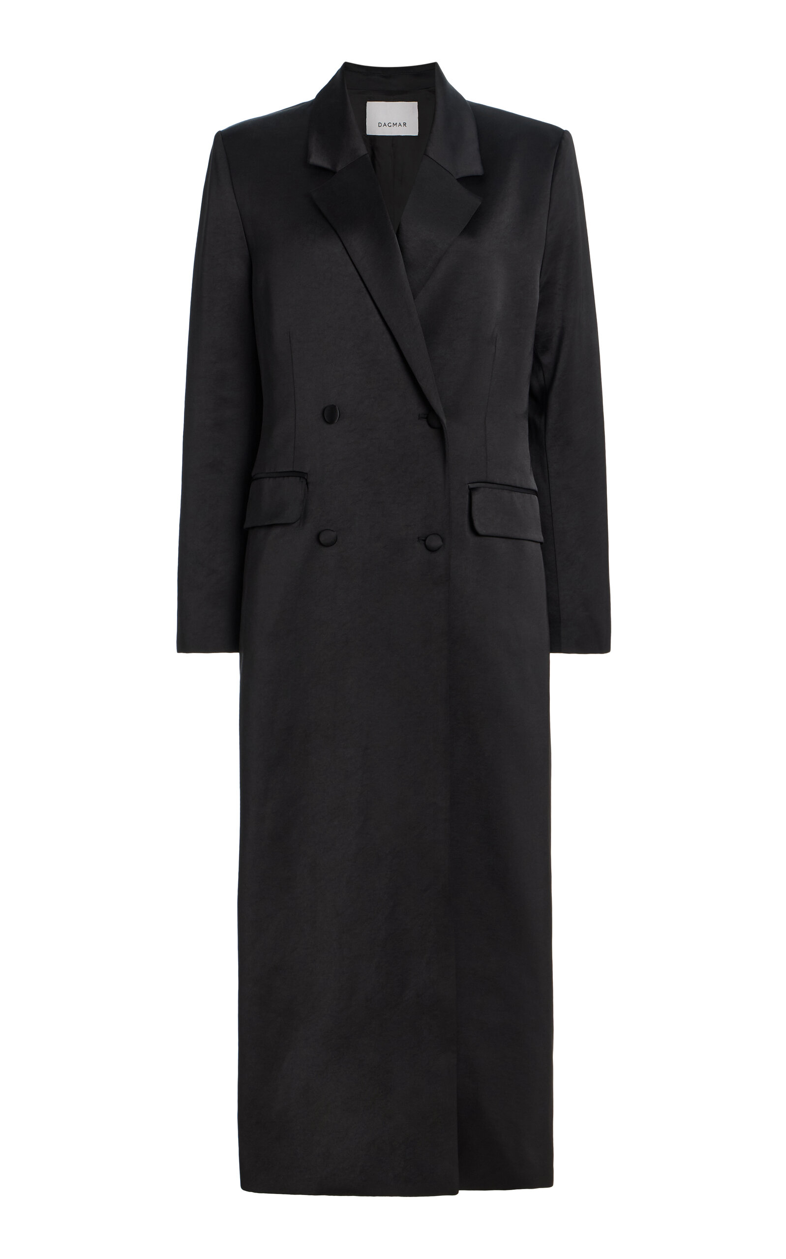 Double-Breasted Long Satin Blazer