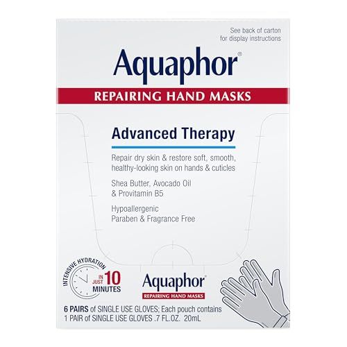 Aquaphor Repairing Hand Masks, Moisturizing Gloves for Dry Hands, Moisturizer for Dry Skin With Avocado Oil and Shea Butter, Pack of 6