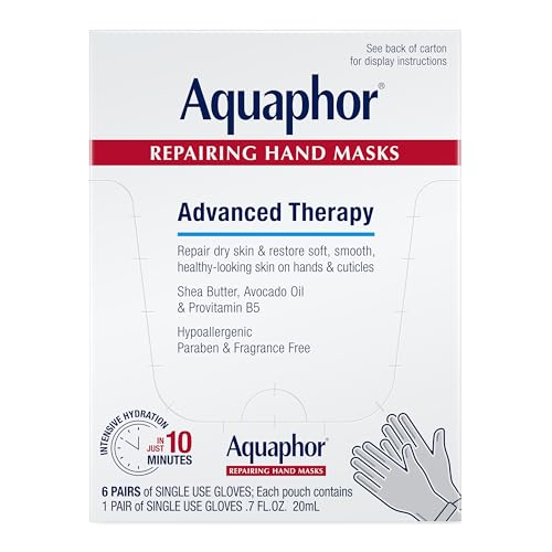 Aquaphor Repairing Hand Masks, Moisturizing Gloves for Dry Hands, Moisturizer for Dry Skin With Avocado Oil and Shea Butter, Pack of 6