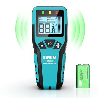 Kiprim Pinless Damp Meter Moisture Meter for Wood, Walls, Masonry – Accurate Non-Destructive Testing With Audible and Visual Alarm,4 Modes, Data Hold, and Mute Function