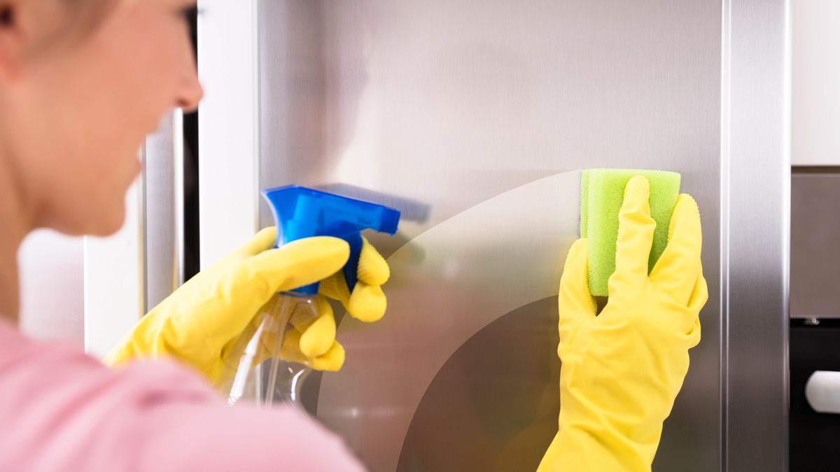 Lady cleaning stainless steel fridge