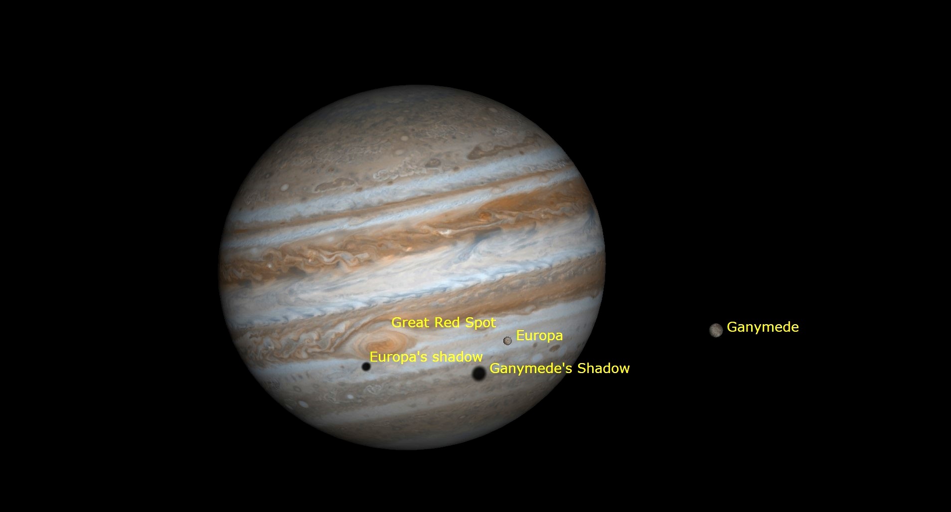 Two Shadows and the Great Red Spot Cross Jupiter (17:20 to 19:00 GMT)