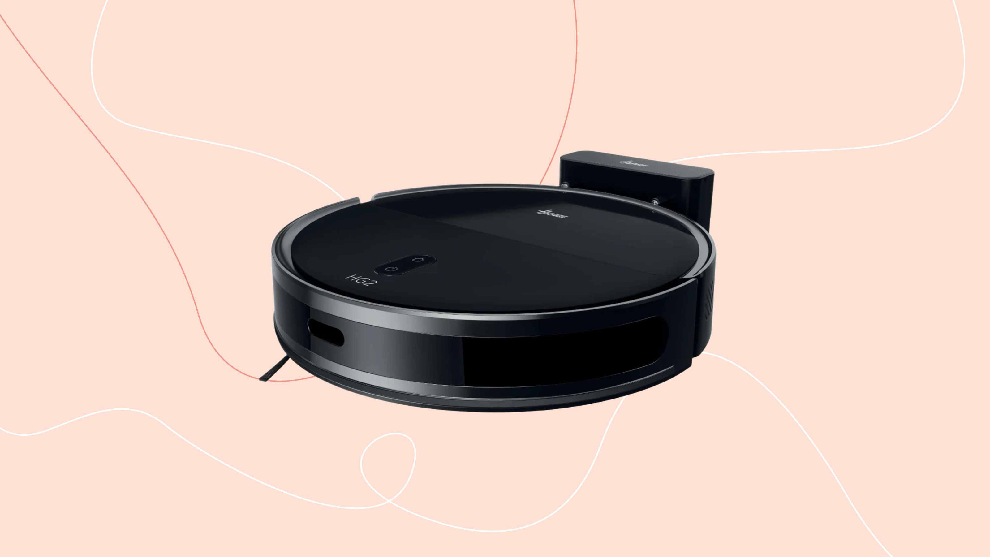 Hoover HG2 Turbo Slim Hydro Robot Vacuum Cleaner on a pink background