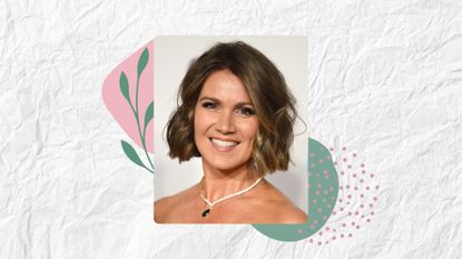 Image of Susanna Reid smiling with brunette curled jaw-length bob, wearing a strapless dress and white and green jewel necklace, on a white textured background with green and pink motifs