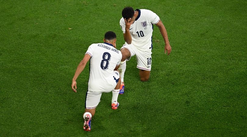 Jude Bellingham and Trent Alexander-Arnold celebrate after the Real Madrid miidfilder&#039;s goal for England against Serbia at Euro 2024.