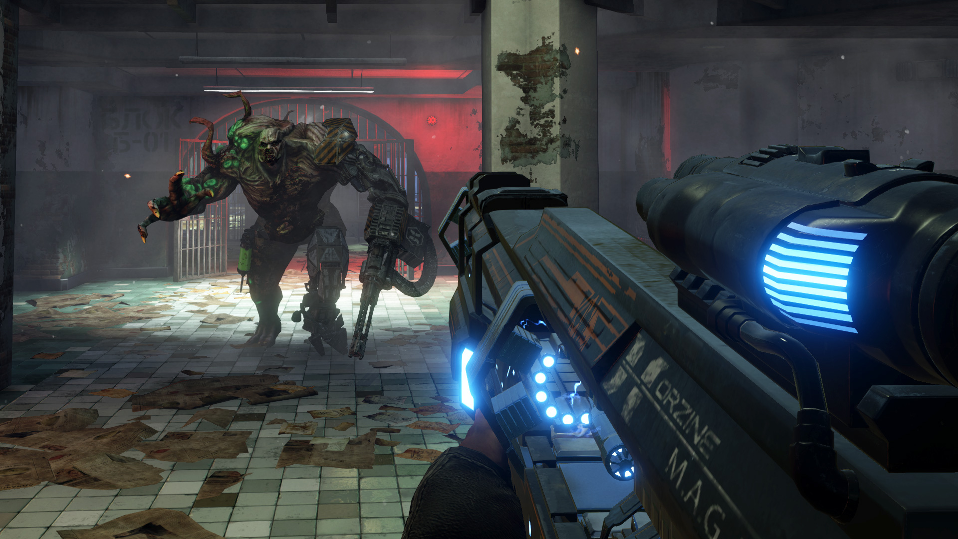 A screenshot of a player pointing a gun at a massive enemy.