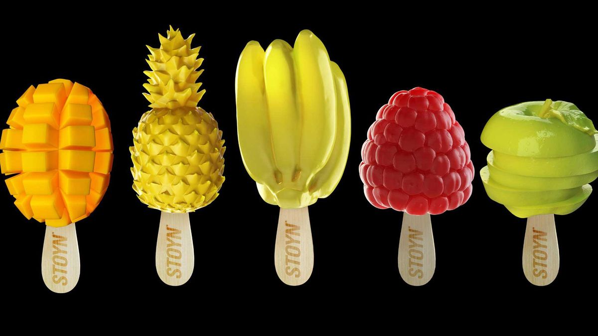 Stoyn Studio ice cream sculptures of a mango, raspberry, banana, pineapple and apple