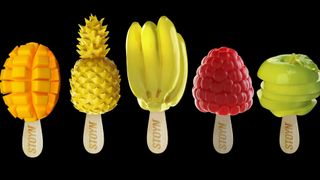 Stoyn Studio ice cream sculptures of a mango, raspberry, banana, pineapple and apple