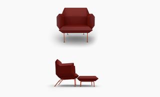 ABOVE: Front view of a red armchair; BELOW: Side view of a red armhair with a red footrest. All phographed against a grey background