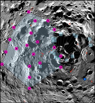 The epicenter of one of the strongest moonquakes recorded by the Apollo Passive Seismic Experiment was located in the lunar south polar region. However, the exact location of the epicenter could not be accurately determined. A cloud of possible locations (magenta dots and light blue polygon) of the strong shallow moonquake using a relocation algorithm specifically adapted for very sparse seismic networks are distributed near the pole. Blue boxes show locations of proposed Artemis III landing regions. Lobate thrust fault scarps are shown by small red lines. The cloud of epicenter locations encompasses a number of lobate scarps and many of the Artemis III landing regions.