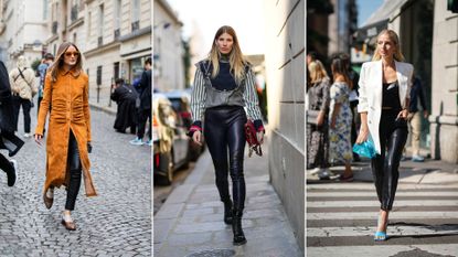 a composite of street style influencers showing how to style leather leggings
