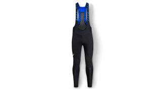 A pair of black and blue bib tights on a white background