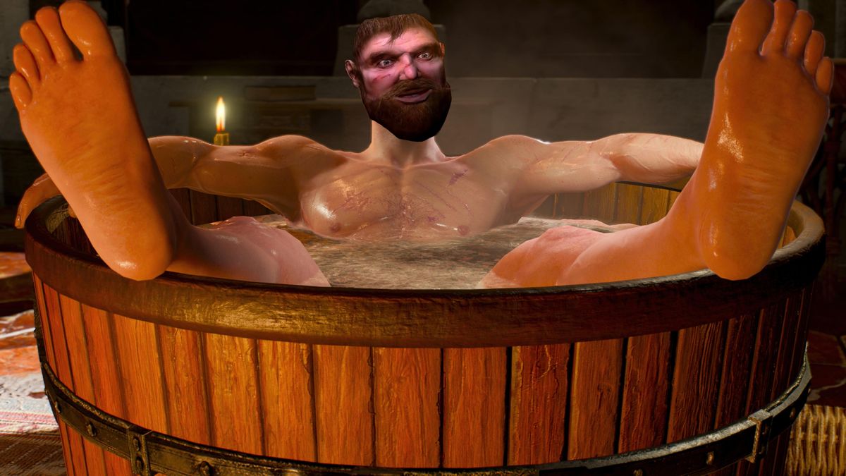 A shot of Geralt relaxing in the bath, his face overlaid with an amateur photoshop of Zoltan from The Witcher 1.