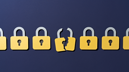 An illustration of a series of locks in a row against a dark blue background, with the middle lock broken in half vertically