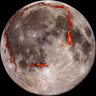 The full moon as seen from the Earth, with the Ocean of Storms (Oceanus Procellarum) border structures superimposed in red. Scientists now think this huge feature on the moon was formed by lunar lava early in the moon's formation, and not a cataclysmic impact. New research shows that there could could be active tectonic systems on the moon today. 