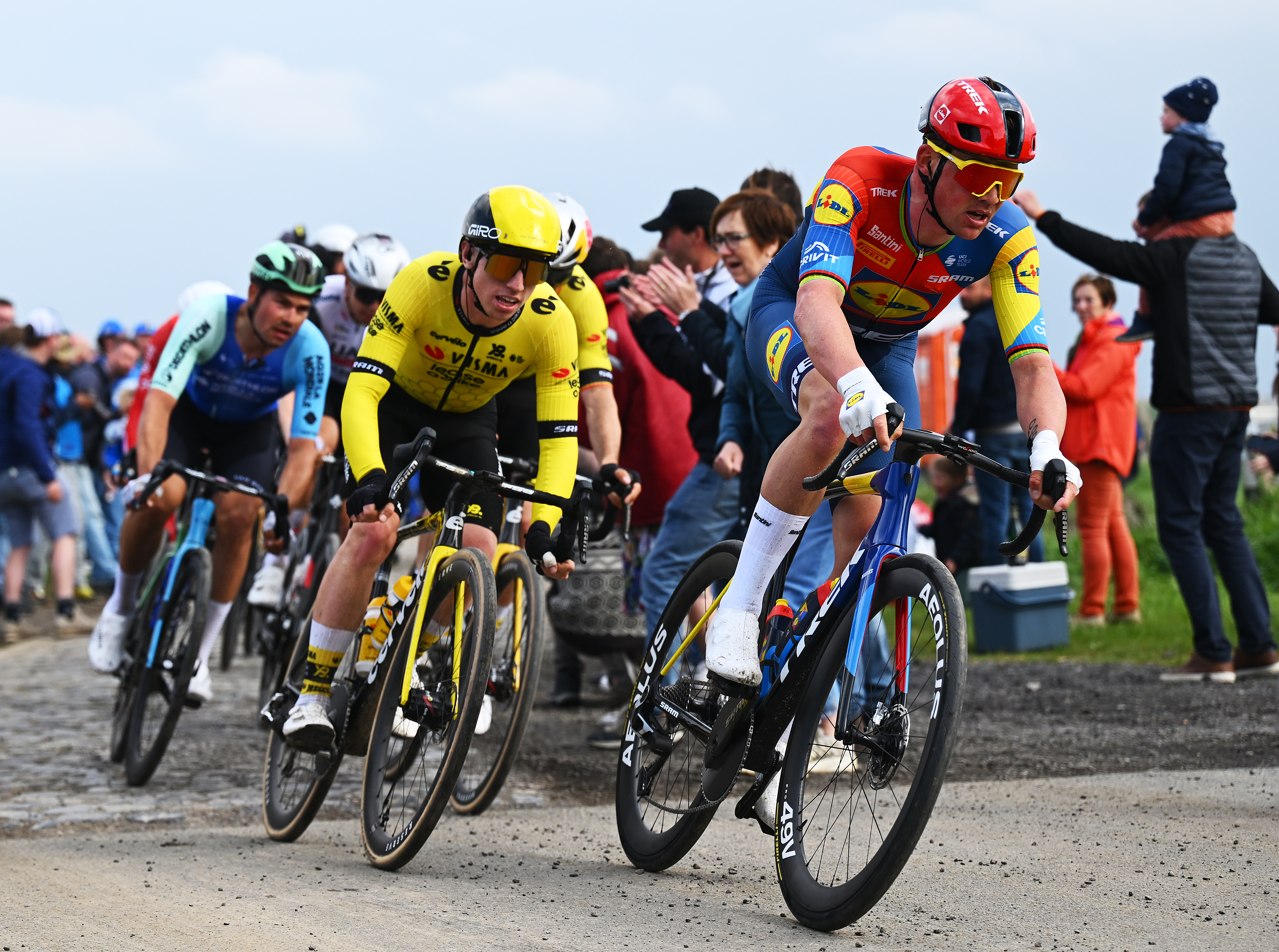 ROUBAIX, FRANCE - APRIL 13: Mads Pedersen of Denmark and Team Lidl - Trek competes in the chase group during the 122nd Paris - Roubaix 2025 a 259.2km one day race from Compiegne to Roubaix / #UCIWT / on April 13, 2025 in Roubaix, France. (Photo by Luc Claessen/Getty Images)